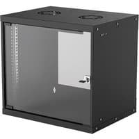 Black Intellinet 19" wall mount network cabinet, 9U, 400mm deep, glass door, flatpack, max 50kg capacity.
