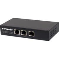 Black Intellinet 2-Port Gigabit PoE+ Extender with three Ethernet ports and ventilation holes on the side.