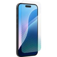 InvisibleShield Glass XTR4 screen protector for iPhone 16/15, clear with blue gradient and hexagonal pattern.