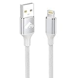 Silver nylon braided iPhone charger cable with USB and Lightning connectors, 2 meters long, by Aioneus.