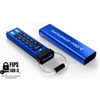 Blue iStorage datAshur PRO+C USB drive with keypad, Type-C connector, and Type C-A adapter, FIPS 140-3 Level 3 certified.