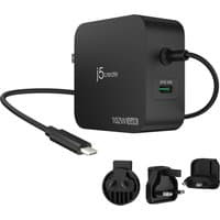 Black j5create 102W GaN PD USB-C charger with two ports and changeable AC plugs, compact square design.