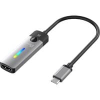Silver j5create USB-C to HDMI 8K adapter with black cable and LED indicator strip.