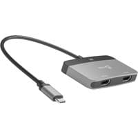 Gray j5create USB-C to Dual HDMI adapter with two HDMI ports and a sleek, compact design.