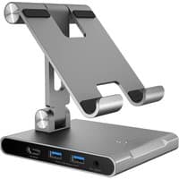 "Gray j5create JTS224 stand with adjustable arms, USB ports, and docking station base for iPad Pro"