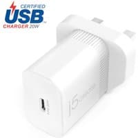 White j5create JUP1420-FN 20W PD USB-C wall charger with ribbed sides and USB-C port, featuring certified USB logo.