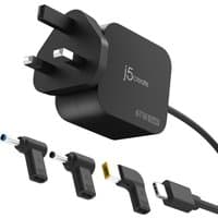 Black j5create 67W GaN USB-C charger with UK plug and three interchangeable DC connectors.