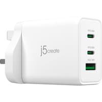 White j5create 65W GaN USB-C charger with three ports, UK plug, compact design, and j5create logo on the side.