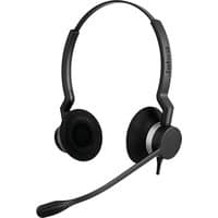 Black Jabra BIZ 2300 Duo headset with cushioned ear pads and adjustable noise-canceling microphone.