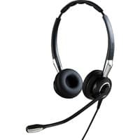 Black Jabra BIZ 2400 II Duo headset with padded ear cups, adjustable headband, and flexible boom microphone.