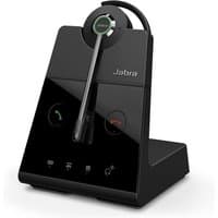 Black Jabra Engage 65 Convertible Wireless Headset with sleek base, green LED indicator, and adjustable microphone boom.