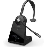 Black Jabra Engage 75 Mono Wireless Headset with adjustable headband, boom mic, and charging base station.