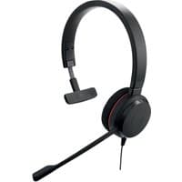 Black Jabra Evolve 20 wired headset with headband, USB Type-C connection, and adjustable boom microphone.