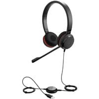 Black Jabra Evolve 30 II UC Stereo corded headset with cushioned ear cups, adjustable headband, and USB connection.