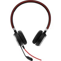 Black Jabra EVOLVE 40 UC Stereo headset with cushioned ear cups, adjustable headband, and red-accented boom microphone.