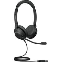 Black Jabra Evolve2 30 USB-A MS Stereo headset with cushioned ear cups, adjustable headband, and attached microphone.