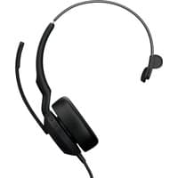 Black Jabra Evolve2 50 wired headset with headband, USB Type-C/Type-A, Bluetooth, and cushioned ear cups.