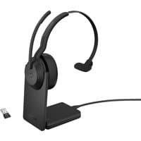 Black Jabra Evolve2 55 mono headset with cushioned ear cup, adjustable headband, USB dongle, and charging stand.