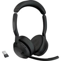 Black Jabra Evolve2 55 stereo headset with cushioned ear cups, adjustable headband, and USB dongle.
