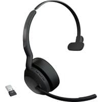 Black Jabra Evolve2 55 mono headset with cushioned ear pad, adjustable headband, and USB dongle.