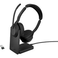 Black Jabra Evolve2 55 stereo headset with cushioned ear cups, USB dongle, and charging stand.