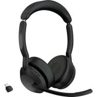 Black Jabra Evolve2 55 stereo headset with cushioned ear cups, adjustable headband, and USB dongle.