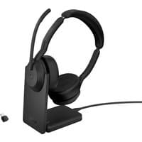 Black Jabra Evolve2 55 stereo headset with cushioned ear cups on a stand, includes USB dongle and attached cable.