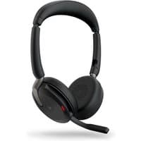Black Jabra Evolve2 65 Flex wireless headset with cushioned ear cups, adjustable headband, and attached microphone.