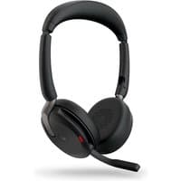 Jabra Evolve2 65 Flex headset, black with cushioned ear cups, adjustable headband, and a flexible boom microphone.