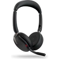 Black Jabra Evolve2 65 Flex stereo headset with cushioned ear cups, adjustable headband, and attached microphone.