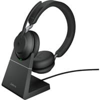 Black Jabra Evolve2 65 stereo headset on charging stand, USB-A connection, cushioned ear cups, adjustable headband.