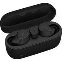 Black Jabra Evolve2 wireless earbuds in an open charging case with USB-C port, sleek design, and compact size.