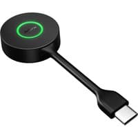 Black Jabra Link 400c USB-C adapter with circular base, green LED ring, and short connecting cable.