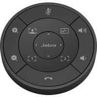 Black Jabra PanaCast 50 Remote with circular design, central logo, and multiple function buttons around the edge.