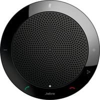 Black Jabra Speak 410 MS speakerphone with circular design, central speaker grille, and touch controls for volume and calls.