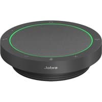Dark grey Jabra Speak2 40 UC speakerphone with circular design, green LED ring, and touch controls.