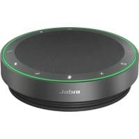 Dark grey Jabra Speak2 75 UC speakerphone with circular design, LED ring, and touch controls on top.