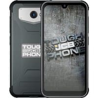 JCB Toughphone in black with rugged design, 5.7" screen, rear camera, and textured back panel.