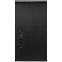 Black Jonsbo UMX3BK computer case with brushed aluminum finish, front USB ports, and power button.