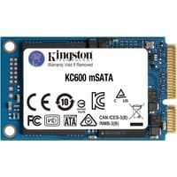 Blue Kingston KC600 mSATA SSD with white label, black text, and gold connectors on the right edge.