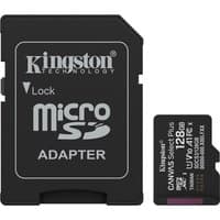 Black Kingston 128GB microSDXC card with white text, includes black SD adapter with white branding.