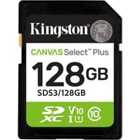 Kingston 128GB SDXC card, black with white text, Canvas Select Plus, 150MB/s, C10, UHS-I, U1, V10 logos.