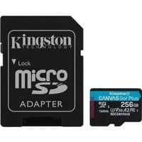 Black Kingston 256GB microSDXC card with blue label, includes black SD adapter.