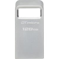 Silver Kingston DataTraveler USB 3.2 flash drive, 128GB, compact metal design with rectangular loop handle.