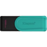 Black and turquoise Kingston USB 3.2 Gen 1 flash drive, 128GB, with sliding cover and Kingston logo.