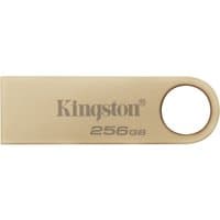 Gold Kingston 256GB USB 3.2 flash drive with keyring loop and engraved logo.