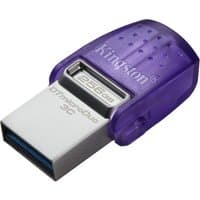 Purple and silver Kingston 256GB DataTraveler microDuo with dual USB-A and USB-C connectors, compact design.