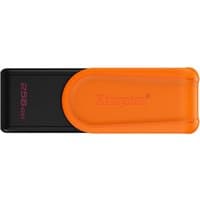 Black and orange Kingston USB flash drive with 256GB capacity and sliding cover design.