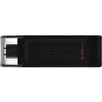 Black Kingston 256GB USB-C flash drive with transparent cap and red text detailing on the side.