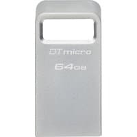 Silver Kingston DataTraveler USB 3.2 Gen 1, 64GB, with a rectangular loop and engraved text on the metal surface.